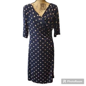 Connected Apparel Navy Blue Polka Dot Ruched Dress Women's Size 14